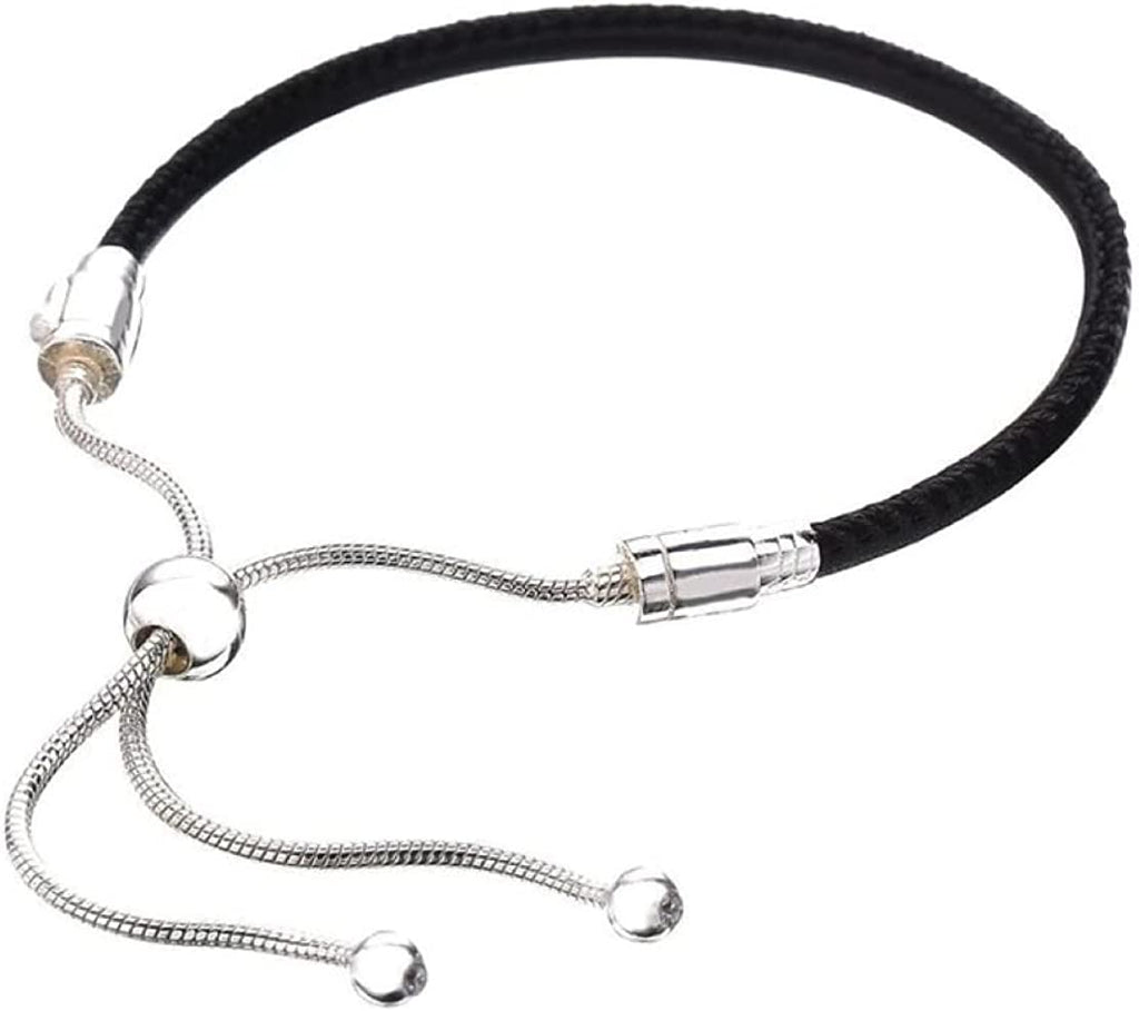 Black Leather Adjustable 3mm Steel Snake Chain Bead Charm Bracelet - Bolenvi Pandora Disney Chamilia Cartier Tiffany Charm Bead Bracelet Jewelry 