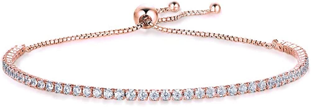 Rose Gold Swarovski Crystallized Sterling Silver Adjustable Dainty Tennis Bracelet - Bolenvi Pandora Disney Chamilia Cartier Tiffany Charm Bead Bracelet Jewelry 
