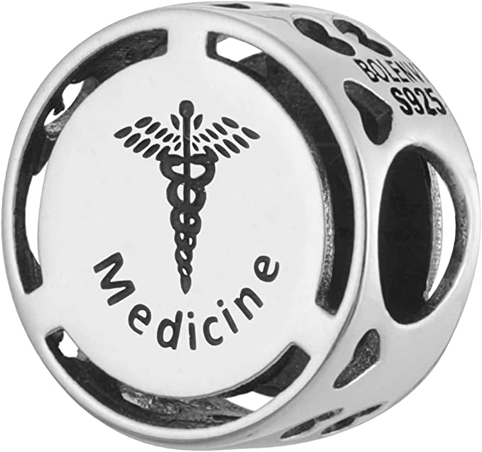 Medicine Caduceus Doctor RN EMT Job Career Professions Sterling Silver Dangle Pendant Bead Charm - Bolenvi Pandora Disney Chamilia Jewelry 