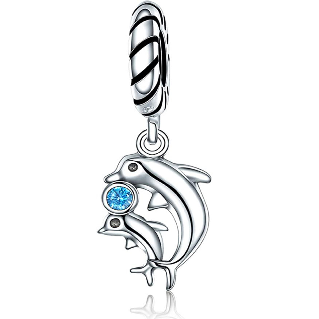 Dolphin Mom Baby Sterling Silver Dangle Pendant Bead Charm - Bolenvi Pandora Disney Chamilia Cartier Tiffany Charm Bead Bracelet Jewelry 