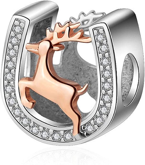 Lucky Horse Shoe Running Deer Sterling Silver Bead Charm - Bolenvi Pandora Disney Chamilia Cartier Tiffany Charm Bead Bracelet Jewelry 