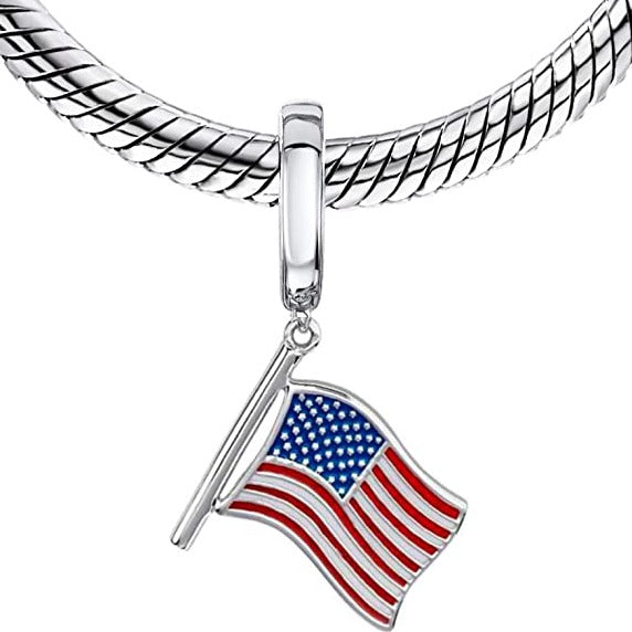 USA America Flag Liberty & Justice Sterling Silver Dangle Pendant Bead Charm - Bolenvi Pandora Disney Chamilia Cartier Tiffany Charm Bead Bracelet Jewelry 