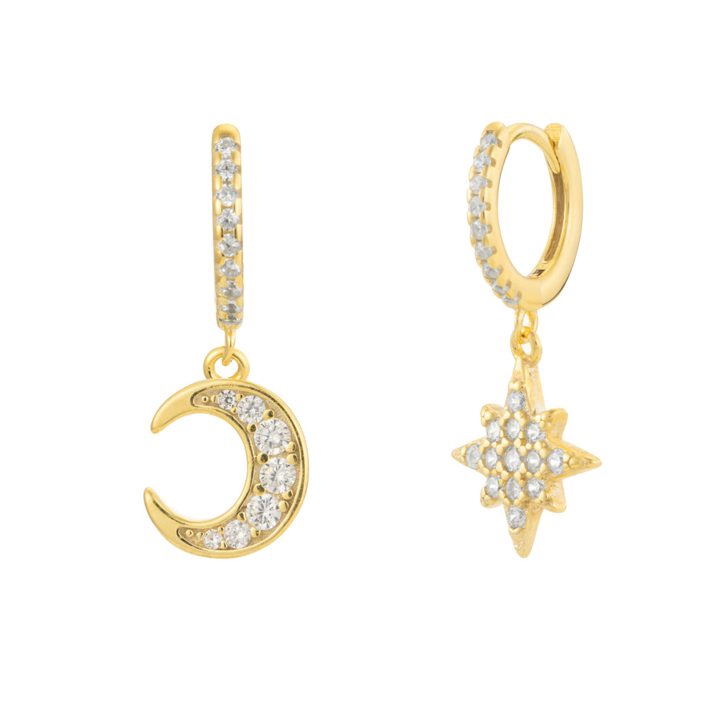 Crescent Moon & Star Crystal Dangle Hoop Earrings - Bolenvi Pandora Disney Chamilia Jewelry 