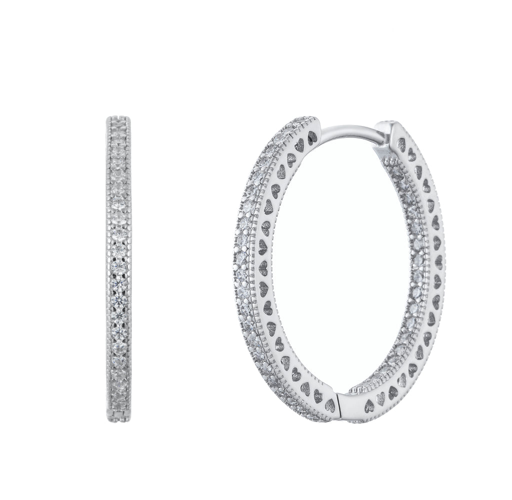 Silver Sparkling Pave Heart Hoop Earrings - Bolenvi Pandora Disney Chamilia Jewelry 