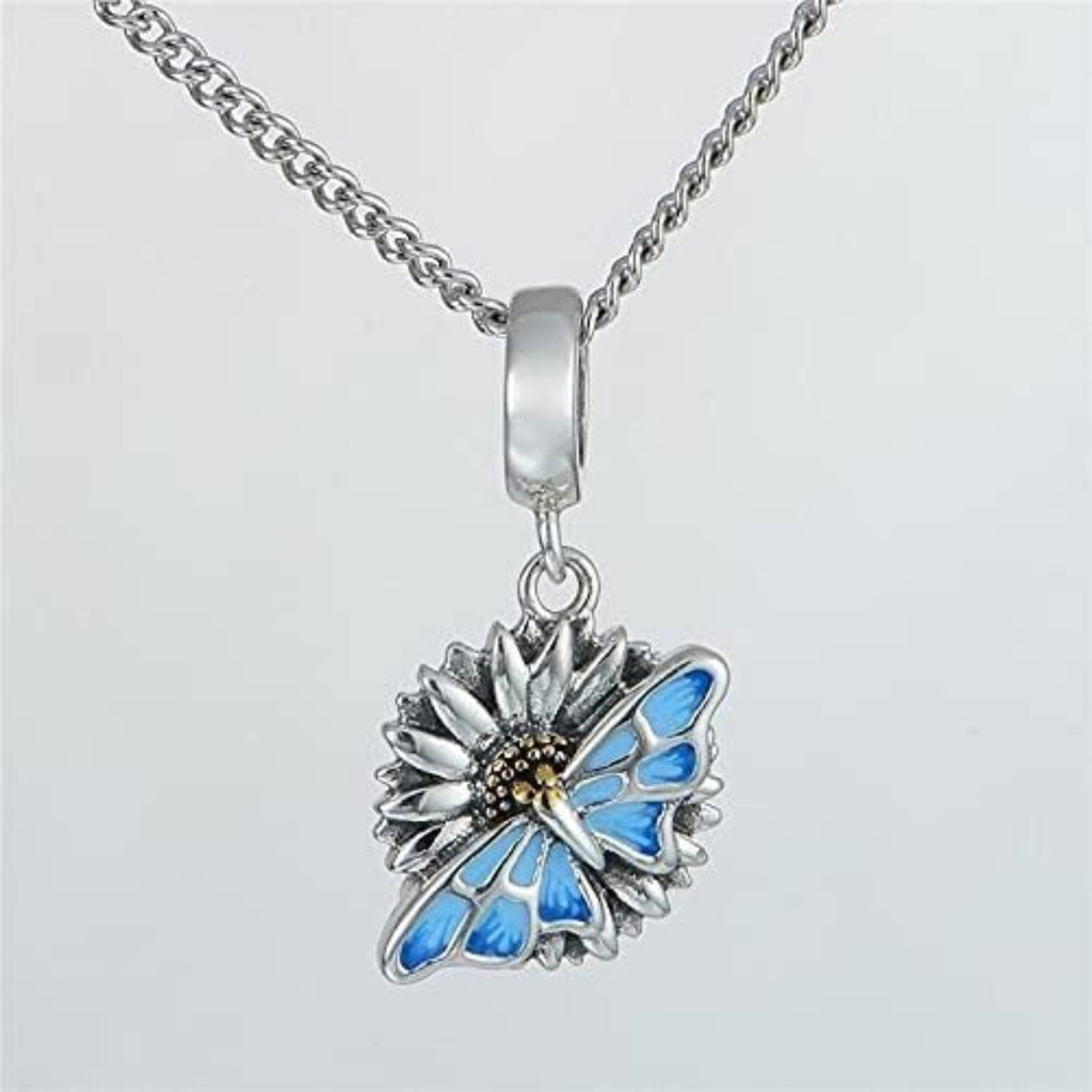 Monarch Blue Butterfly on Sunflower Pendant Charm - Bolenvi Pandora Disney Chamilia Cartier Tiffany Charm Bead Bracelet Jewelry 