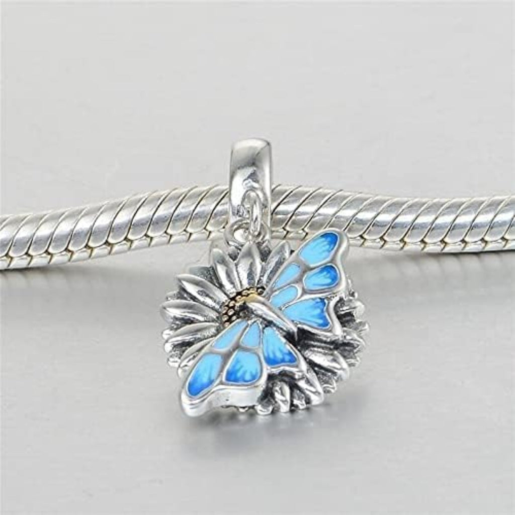 Monarch Blue Butterfly on Sunflower Pendant Charm - Bolenvi Pandora Disney Chamilia Cartier Tiffany Charm Bead Bracelet Jewelry 