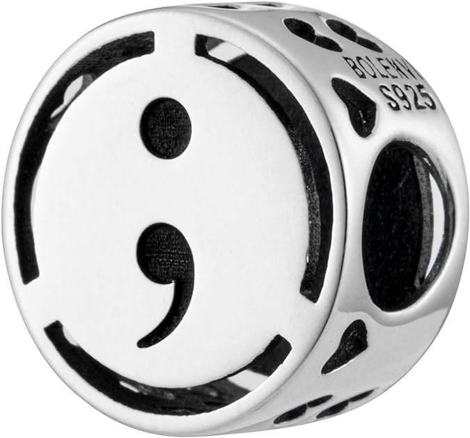 Semicolon Mental Health Awareness Silver Bead Charm - Bolenvi Pandora Disney Chamilia Cartier Tiffany Charm Bead Bracelet Jewelry 