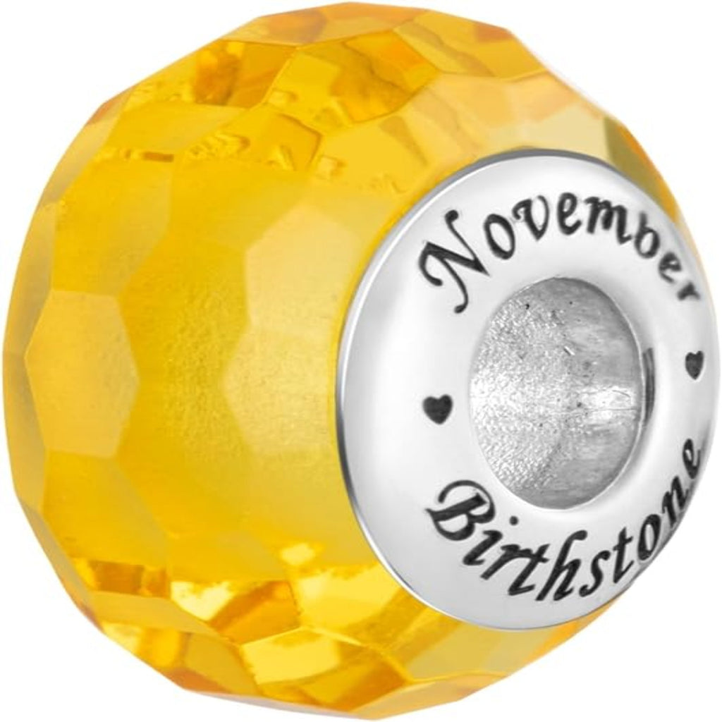 Birthstone Crystals CZ Birthday Month 925 Sterling Silver Charm Bead For Pandora & Similar Charm Bracelets or Necklaces (Yellow Topaz November) - Bolenvi Pandora Disney Chamilia Cartier Tiffany Charm Bead Bracelet Jewelry 