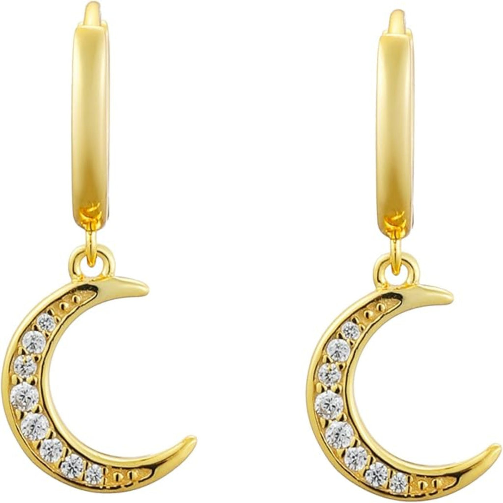 Crescent Moon Crystal Dangle Hoop Earrings - Bolenvi Pandora Disney Chamilia Cartier Tiffany Charm Bead Bracelet Jewelry 