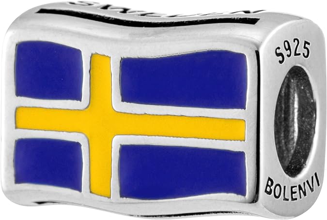 Sweden Flag Silver Bead Charm - Bolenvi Pandora Disney Chamilia Cartier Tiffany Charm Bead Bracelet Jewelry 