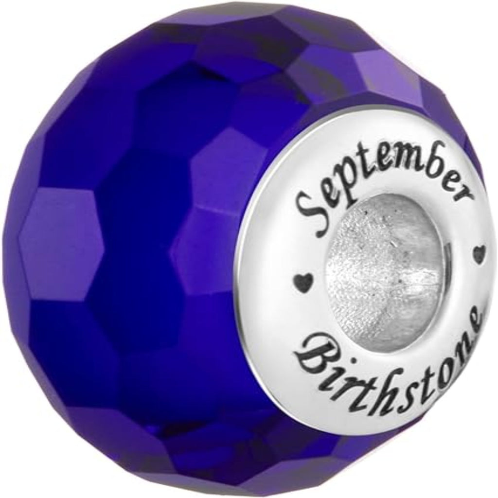 Birthstone Crystals CZ Birthday Month 925 Sterling Silver Charm Bead For Pandora & Similar Charm Bracelets or Necklaces (Sapphire Blue September) - Bolenvi Pandora Disney Chamilia Cartier Tiffany Charm Bead Bracelet Jewelry 