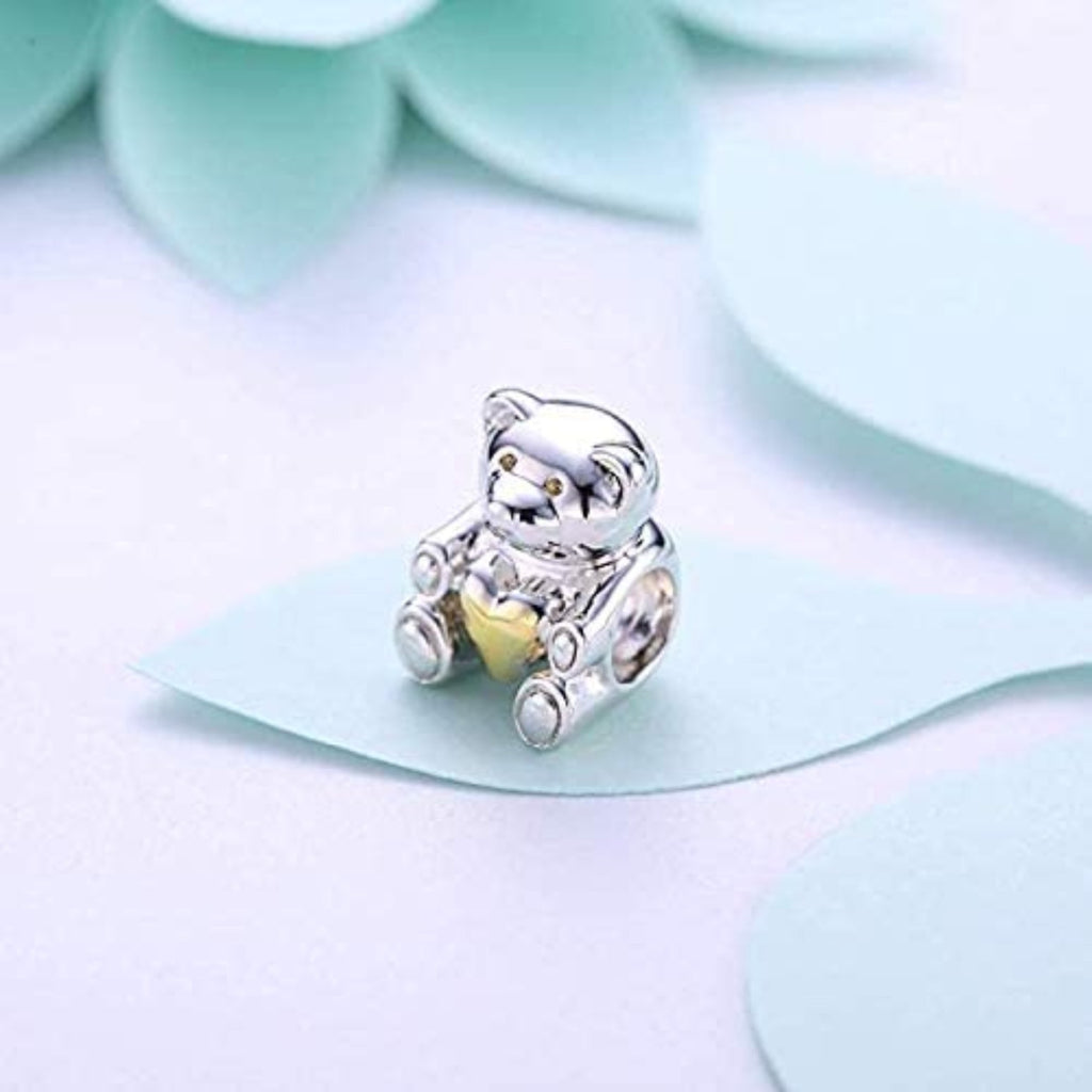 Gold Heart Teddy Bear Sterling Silver Dangle Pendant Bead Char - Bolenvi Pandora Disney Chamilia Jewelry 