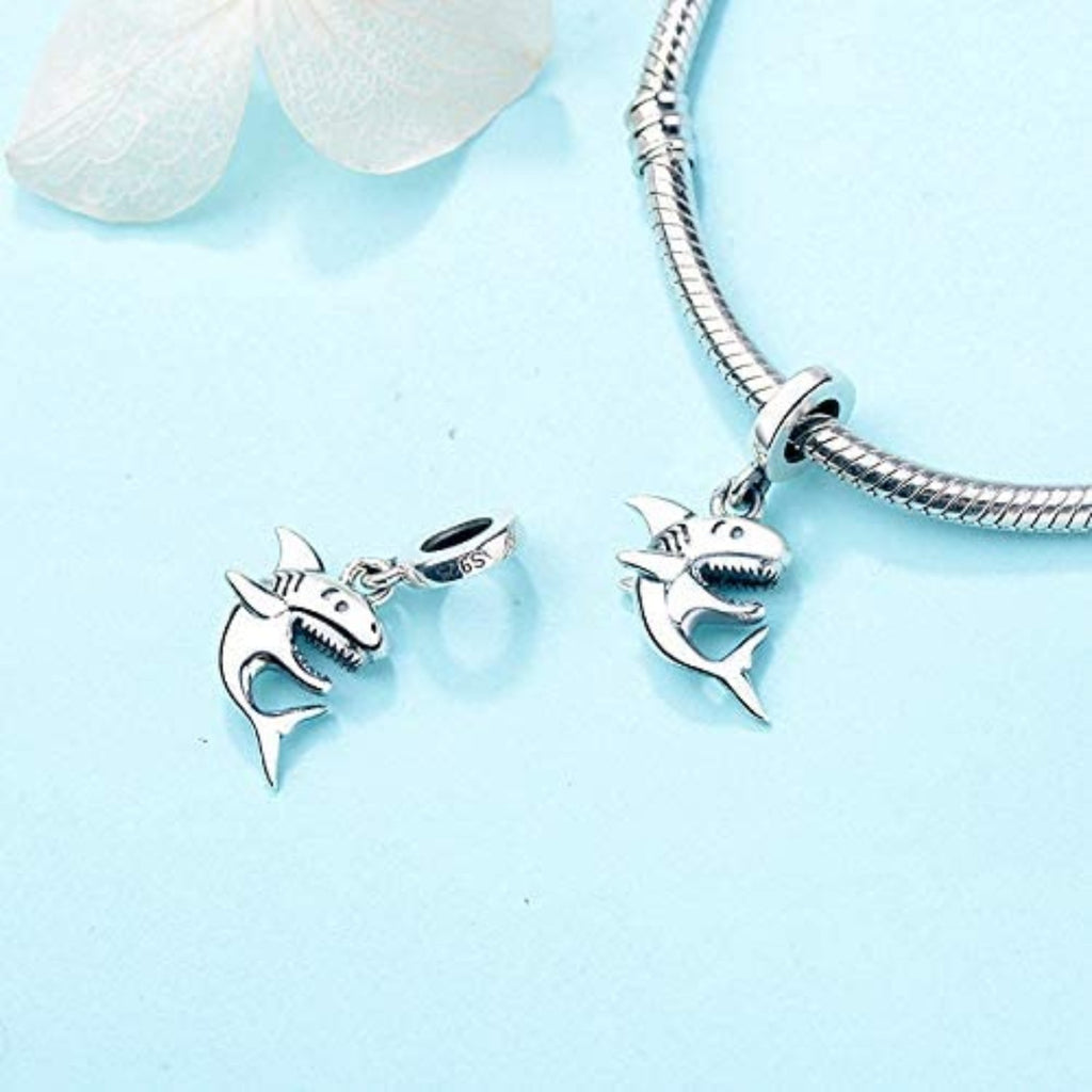 Happy Shark Sterling Silver Dangle Pendant Bead Charm - Bolenvi Pandora Disney Chamilia Cartier Tiffany Charm Bead Bracelet Jewelry 