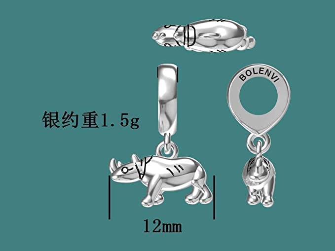 Rhino 3D Rhinoceros Sterling Silver Dangle Pendant Bead Charm - Bolenvi Pandora Disney Chamilia Cartier Tiffany Charm Bead Bracelet Jewelry 