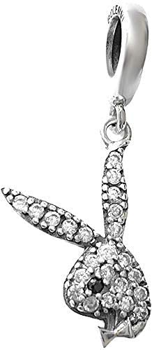 Playboy Bunny Rabbit Swarovski Crystals Sterling Silver Dangle Pendant Bead Charm - Bolenvi Pandora Disney Chamilia Jewelry 