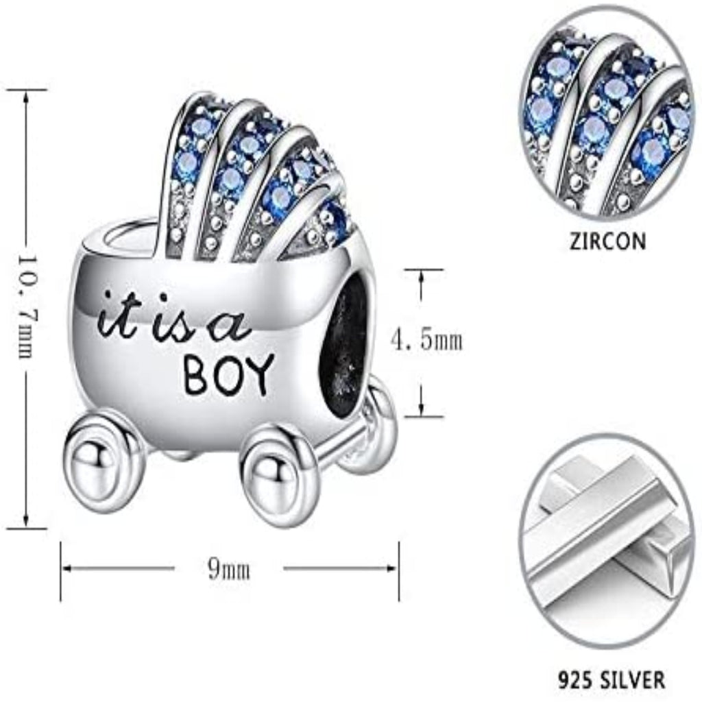 It's a Boy Baby Carriage Sterling Silver Bead Charm - Bolenvi Pandora Disney Chamilia Cartier Tiffany Charm Bead Bracelet Jewelry 