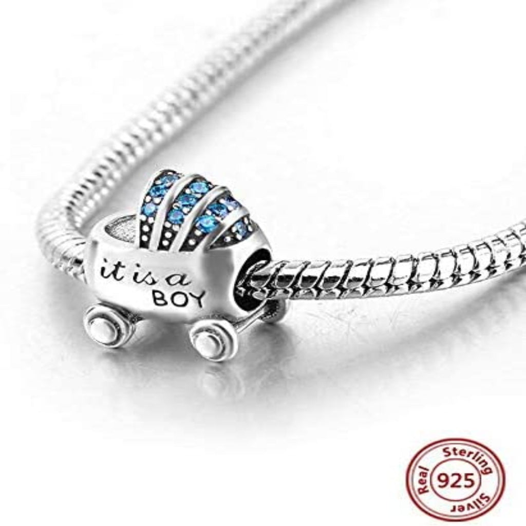 It's a Boy Baby Carriage Sterling Silver Bead Charm - Bolenvi Pandora Disney Chamilia Cartier Tiffany Charm Bead Bracelet Jewelry 