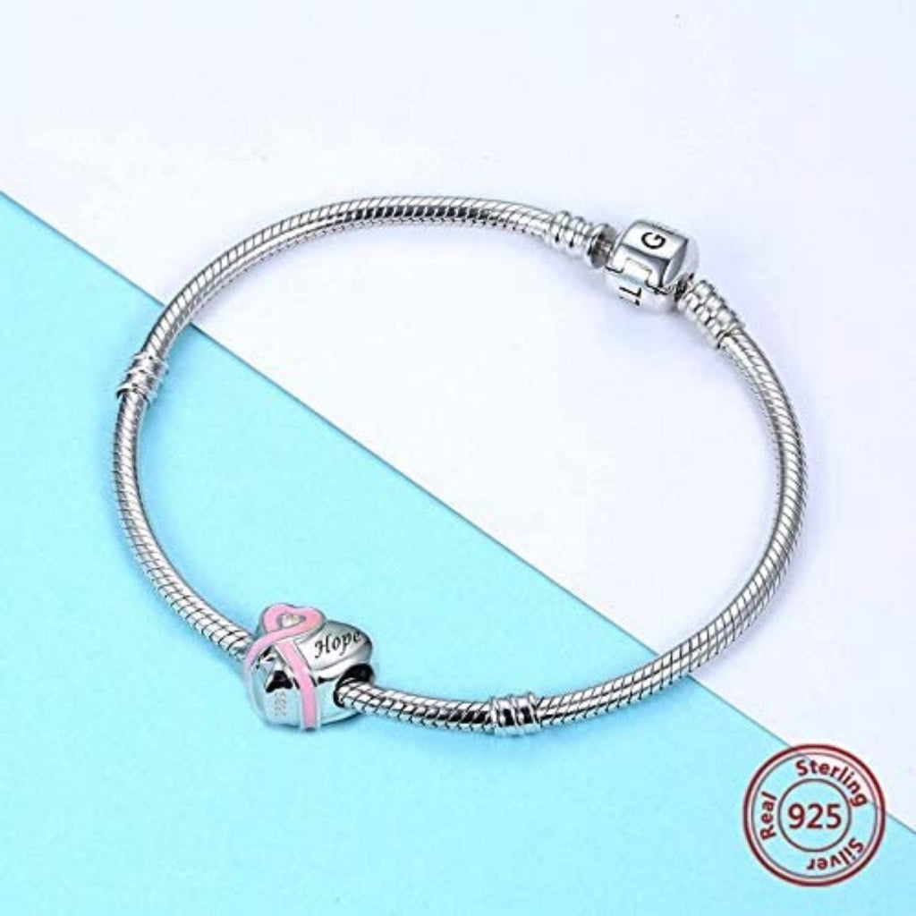 Hope Heart Pink Ribbon Breast Cancer Awareness Sterling Silver Dangle Pendant Bead Charm - Bolenvi Pandora Disney Chamilia Jewelry 