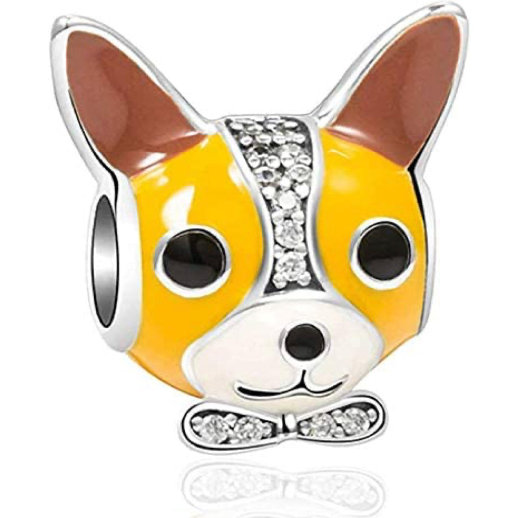 Pembroke Welsh Corgi Enamel CZ Dog Head Sterling Silver Dangle Pendant Bead Charm - Bolenvi Pandora Disney Chamilia Jewelry 