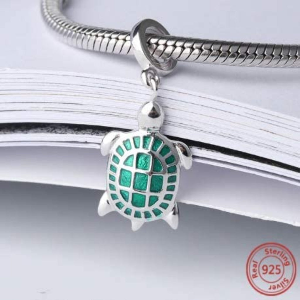 Green Turtle Tortoise Sterling Silver Dangle Pendant Bead Charm - Bolenvi Pandora Disney Chamilia Cartier Tiffany Charm Bead Bracelet Jewelry 