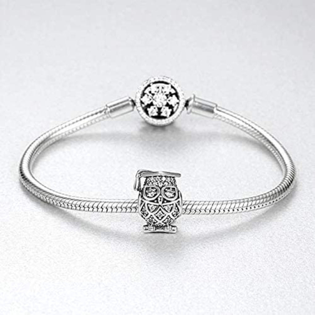 Crystallized Graduation Owl Sterling Silver Bead Charm - Bolenvi Pandora Disney Chamilia Cartier Tiffany Charm Bead Bracelet Jewelry 