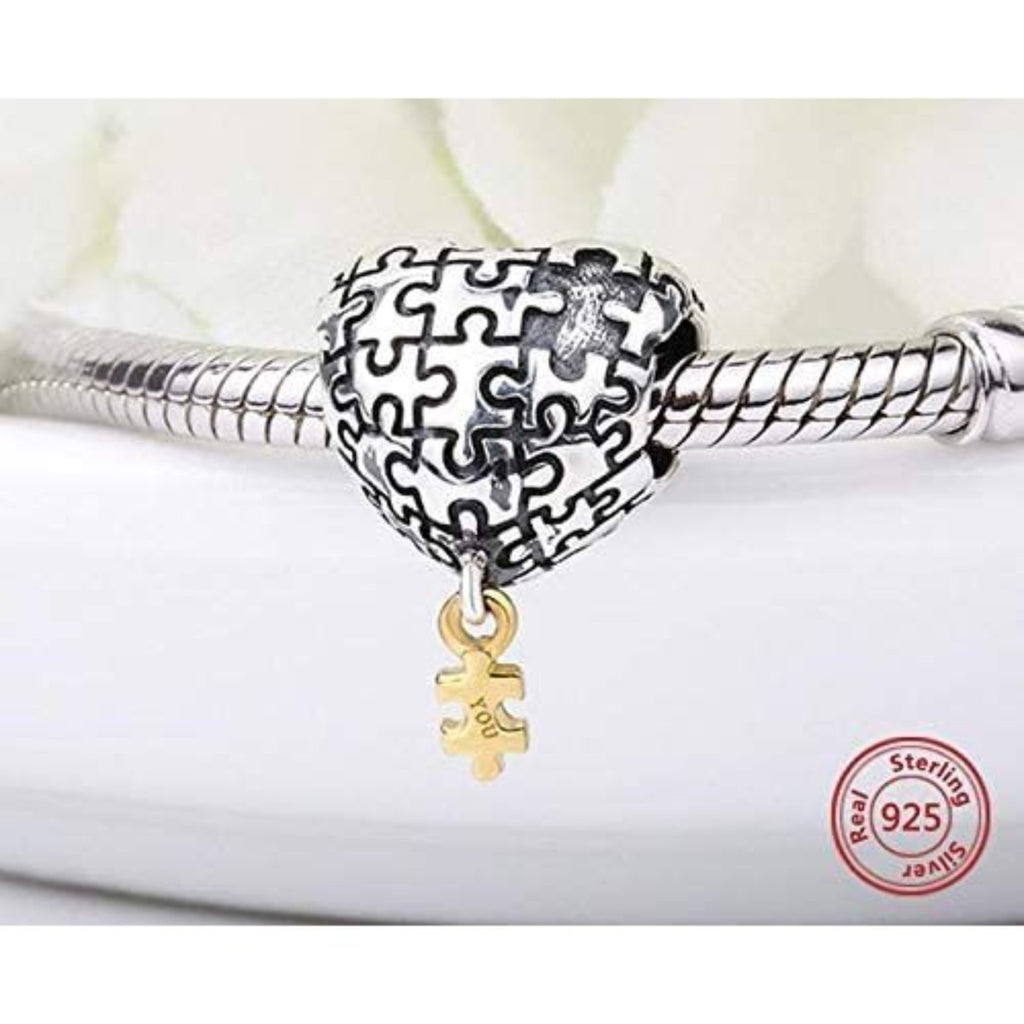 Missing Puzzle Piece Heart Valentines Day Sterling Silver Dangle Pendant Bead Charm - Bolenvi Pandora Disney Chamilia Jewelry 