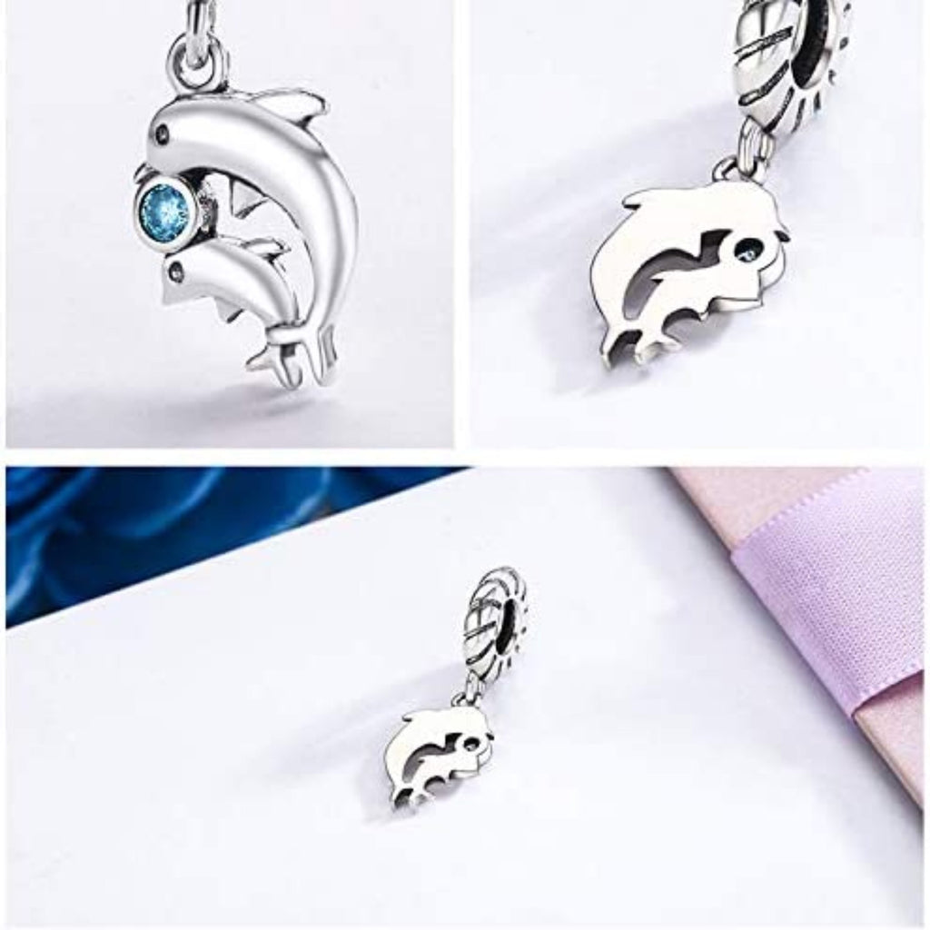 Dolphin Mom Baby Sterling Silver Dangle Pendant Bead Charm - Bolenvi Pandora Disney Chamilia Cartier Tiffany Charm Bead Bracelet Jewelry 