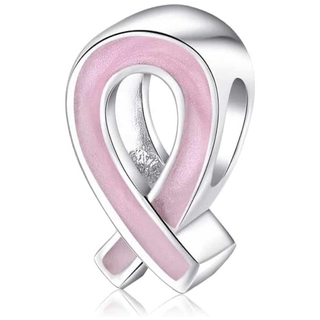 Pink Ribbon Silver Bead Charm - Bolenvi Pandora Disney Chamilia Cartier Tiffany Charm Bead Bracelet Jewelry 