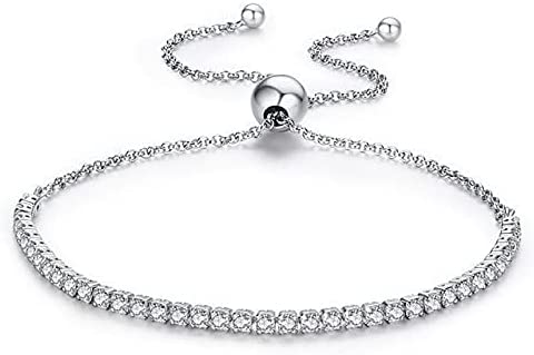 Silver Swarovski Crystallized Sterling Silver Adjustable Dainty Tennis Bracelet - Bolenvi Pandora Disney Chamilia Cartier Tiffany Charm Bead Bracelet Jewelry 