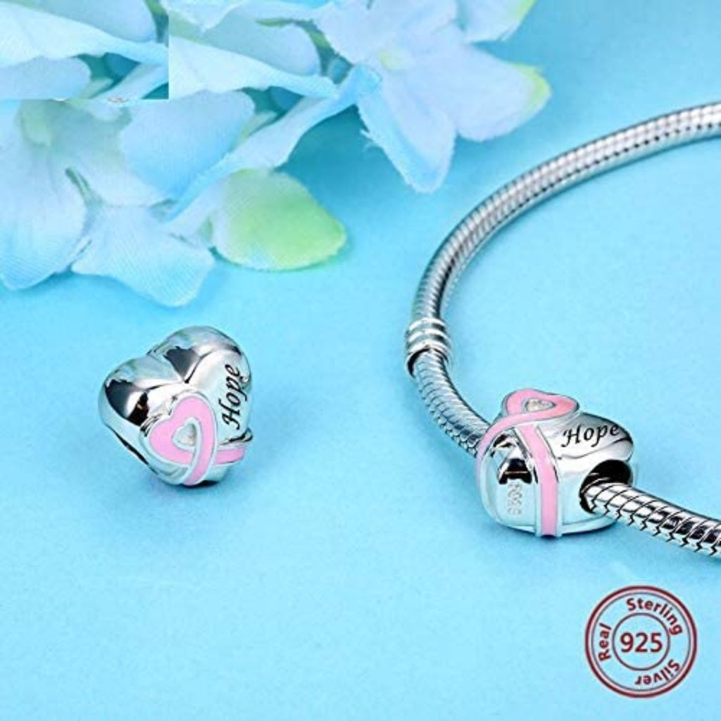 Hope Heart Pink Ribbon Breast Cancer Awareness Sterling Silver Dangle Pendant Bead Charm - Bolenvi Pandora Disney Chamilia Jewelry 