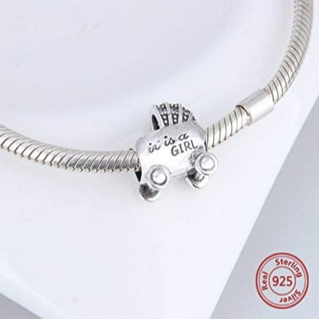 It's a Girl Baby Carriage Sterling Silver Bead Charm - Bolenvi Pandora Disney Chamilia Cartier Tiffany Charm Bead Bracelet Jewelry 