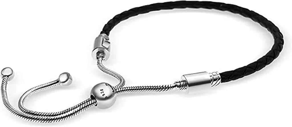 Adjustable Sliding Braided Black Leather Sterling Silver Bead Charm Bracelet - Bolenvi Pandora Disney Chamilia Cartier Tiffany Charm Bead Bracelet Jewelry 