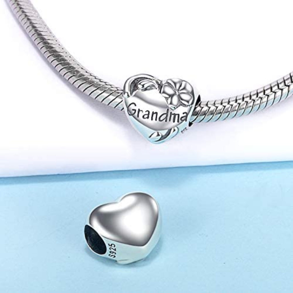 Grandma Heart Grandmother Charm Sterling Silver Bead Charm - Bolenvi Pandora Disney Chamilia Cartier Tiffany Charm Bead Bracelet Jewelry 