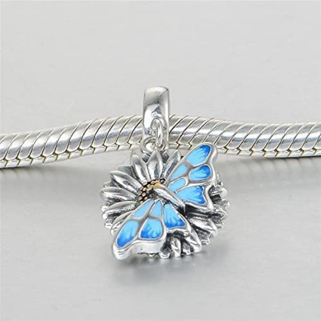 Monarch Butterfly on Sunflower Sterling Silver Dangle Pendant Bead Charm - Bolenvi Pandora Disney Chamilia Jewelry 