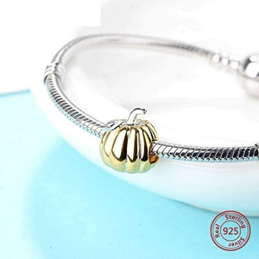 Gold Pumpkin Fall Halloween Autumn Sterling Silver Dangle Pendant Bead Charm - Bolenvi Pandora Disney Chamilia Jewelry 