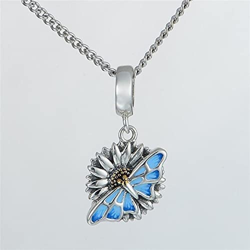 Monarch Butterfly on Sunflower Sterling Silver Dangle Pendant Bead Charm - Bolenvi Pandora Disney Chamilia Jewelry 