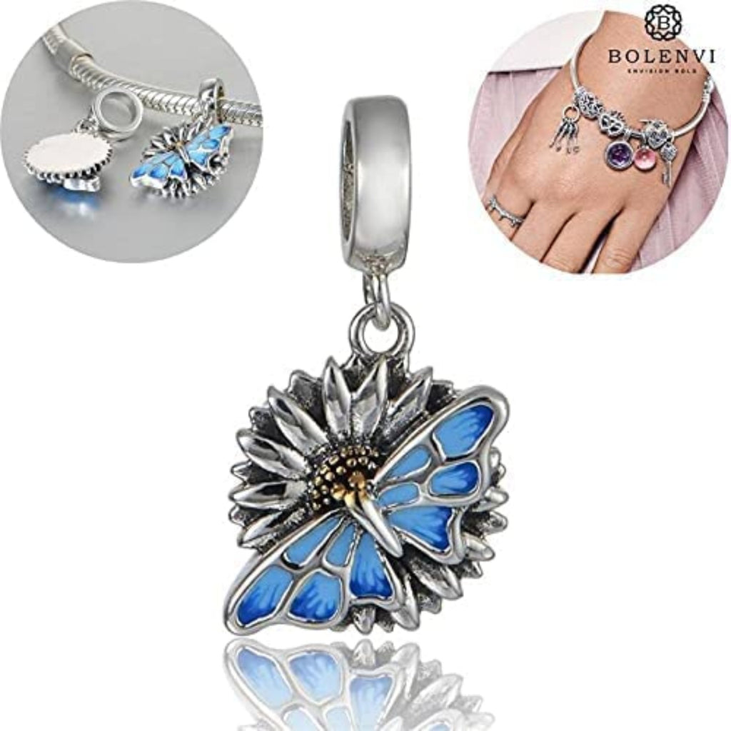 Monarch Butterfly on Sunflower Sterling Silver Dangle Pendant Bead Charm - Bolenvi Pandora Disney Chamilia Jewelry 