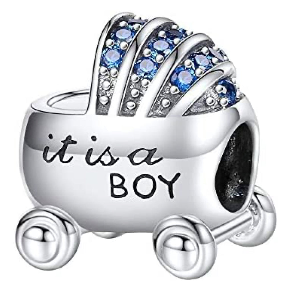 It's a Boy Baby Carriage Sterling Silver Bead Charm - Bolenvi Pandora Disney Chamilia Cartier Tiffany Charm Bead Bracelet Jewelry 