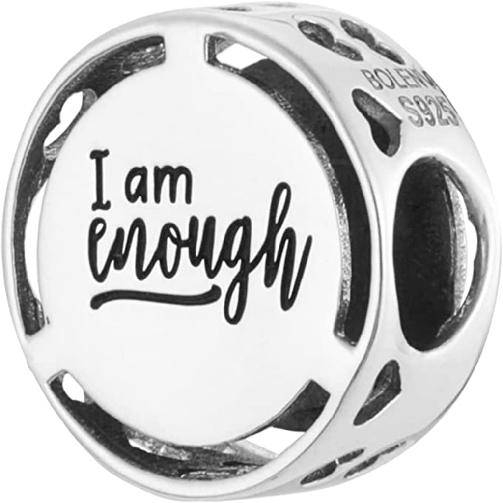 I Am Enough Mantra Sterling Silver Bead Charm - Bolenvi Pandora Disney Chamilia Cartier Tiffany Charm Bead Bracelet Jewelry 