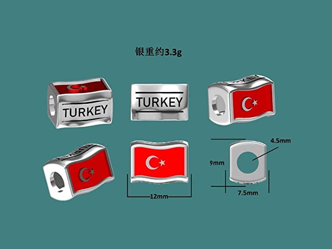 Turkey Flags Travel Country Sterling Silver Dangle Pendant Bead Charm - Bolenvi Pandora Disney Chamilia Jewelry 