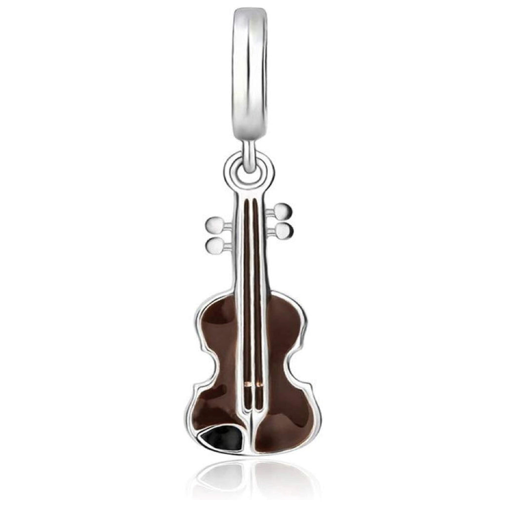 Wooden Violin Musical Instrument Sterling Silver Dangle Pendant Bead Charm - Bolenvi Pandora Disney Chamilia Jewelry 