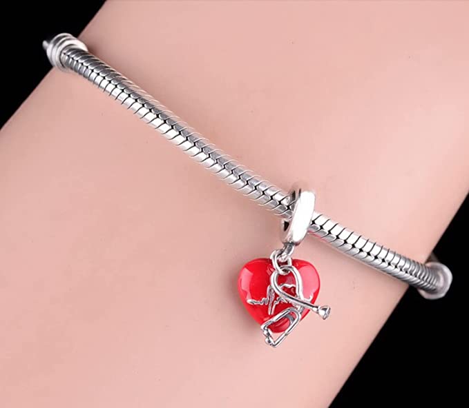 Medical Stethoscope EKG Doctor Nurse Heart Sterling Silver Dangle Pendant Bead Charm - Bolenvi Pandora Disney Chamilia Jewelry 