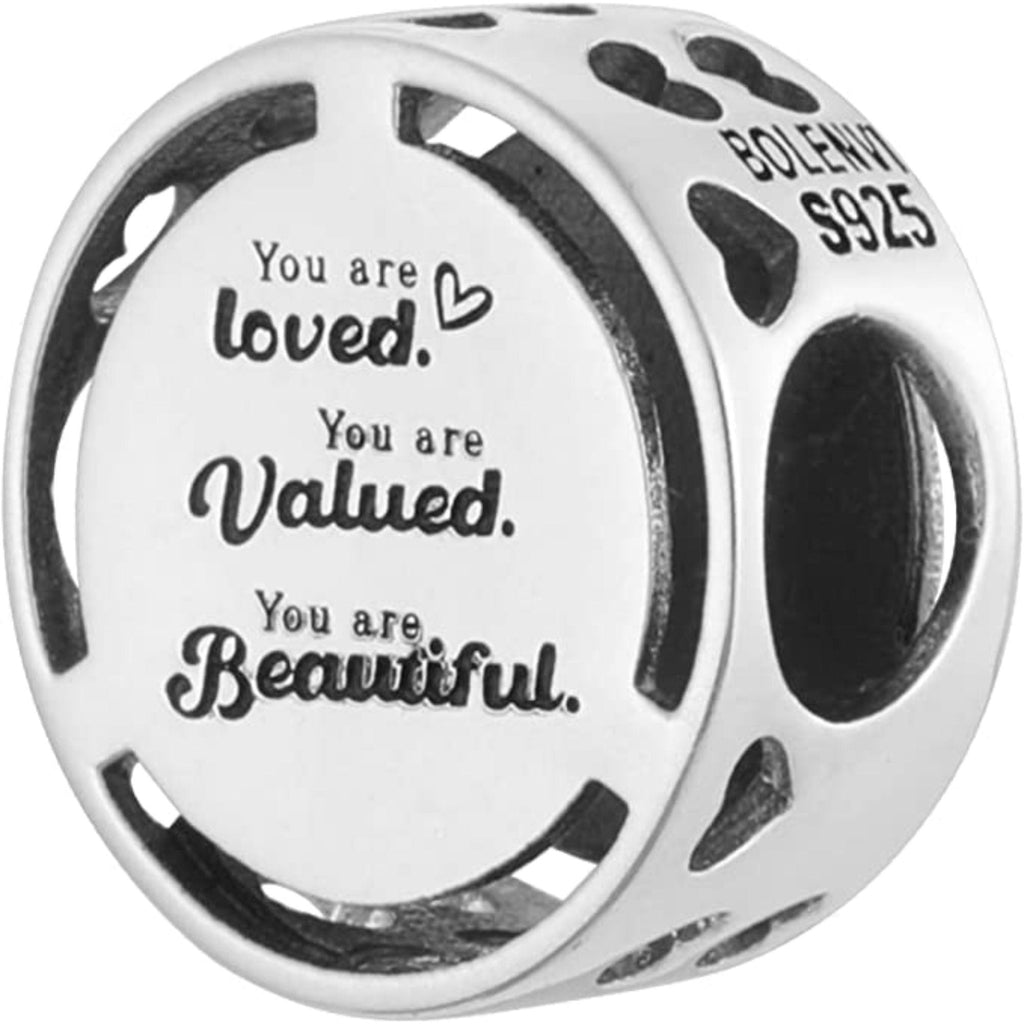 You Are Loved, Valued, Beautiful Sterling Silver Bead Charm - Bolenvi Pandora Disney Chamilia Cartier Tiffany Charm Bead Bracelet Jewelry 