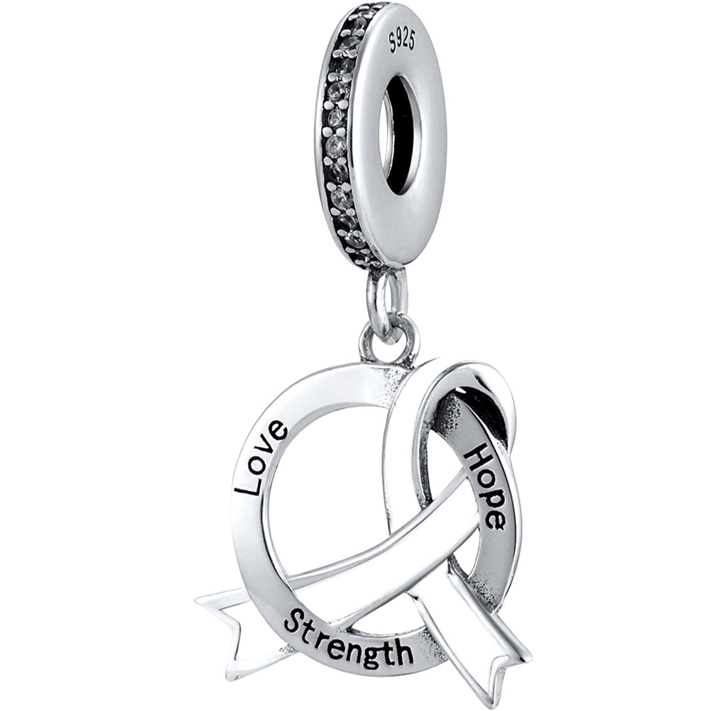 Cancer Ribbon Love Hope Strength Sterling Silver Dangle Pendant Bead Charm - Bolenvi Pandora Disney Chamilia Jewelry 