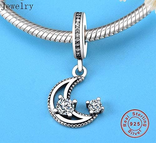 Crescent Moon Crystal Stars Sterling Silver Dangle Pendant Bead Charm - Bolenvi Pandora Disney Chamilia Cartier Tiffany Charm Bead Bracelet Jewelry 