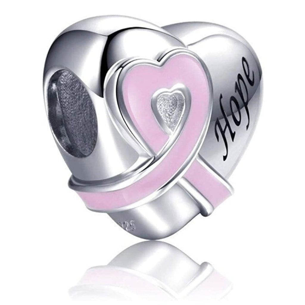 Hope Heart Pink Ribbon Breast Cancer Awareness Sterling Silver Dangle Pendant Bead Charm - Bolenvi Pandora Disney Chamilia Jewelry 