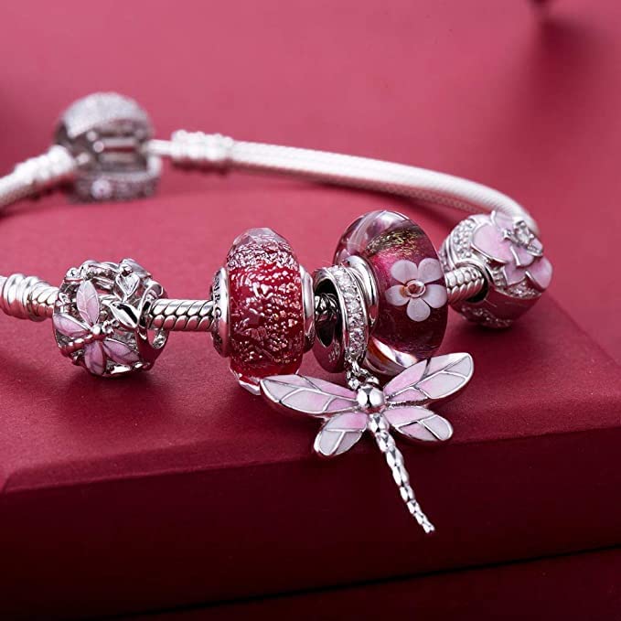 Pink Dragonfly Sterling Silver Dangle Pendant Bead Charm - Bolenvi Pandora Disney Chamilia Cartier Tiffany Charm Bead Bracelet Jewelry 