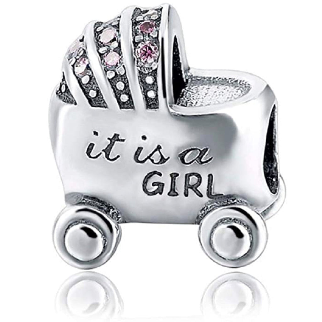 It's a Girl Baby Carriage Sterling Silver Bead Charm - Bolenvi Pandora Disney Chamilia Cartier Tiffany Charm Bead Bracelet Jewelry 