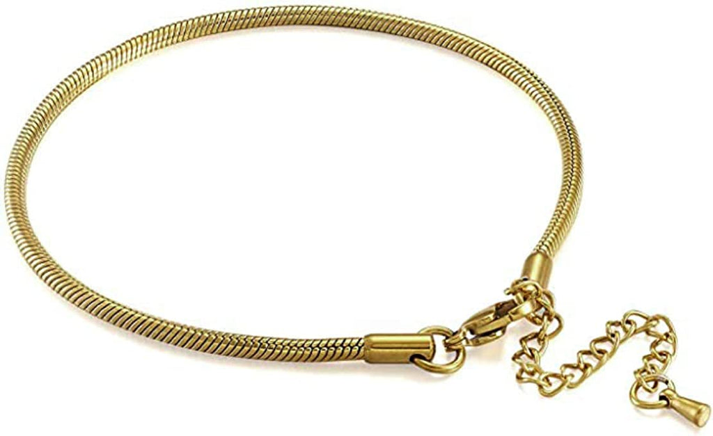Adjustable Gold 3mm Steel Snake Chain Bead Charm Bracelet - Bolenvi Pandora Disney Chamilia Cartier Tiffany Charm Bead Bracelet Jewelry 