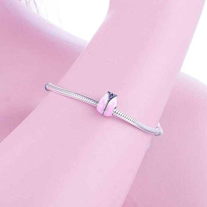 Pink Tulip Flower Sterling Silver Dangle Pendant Bead Charm - Bolenvi Pandora Disney Chamilia Jewelry 